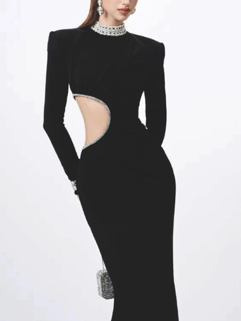 Black Cutout Evening Gown with Rhinestone Trim